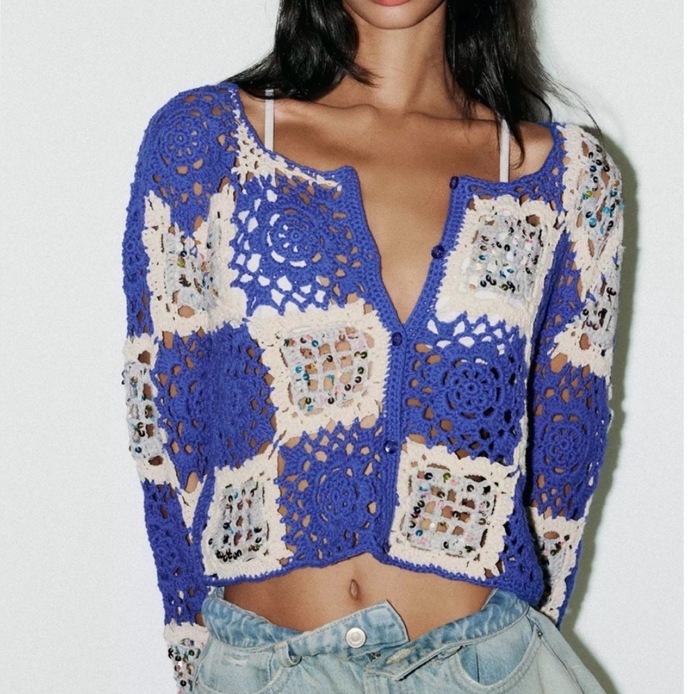 Zara NWT crochet Blue and Cream Cardigan 1957/008